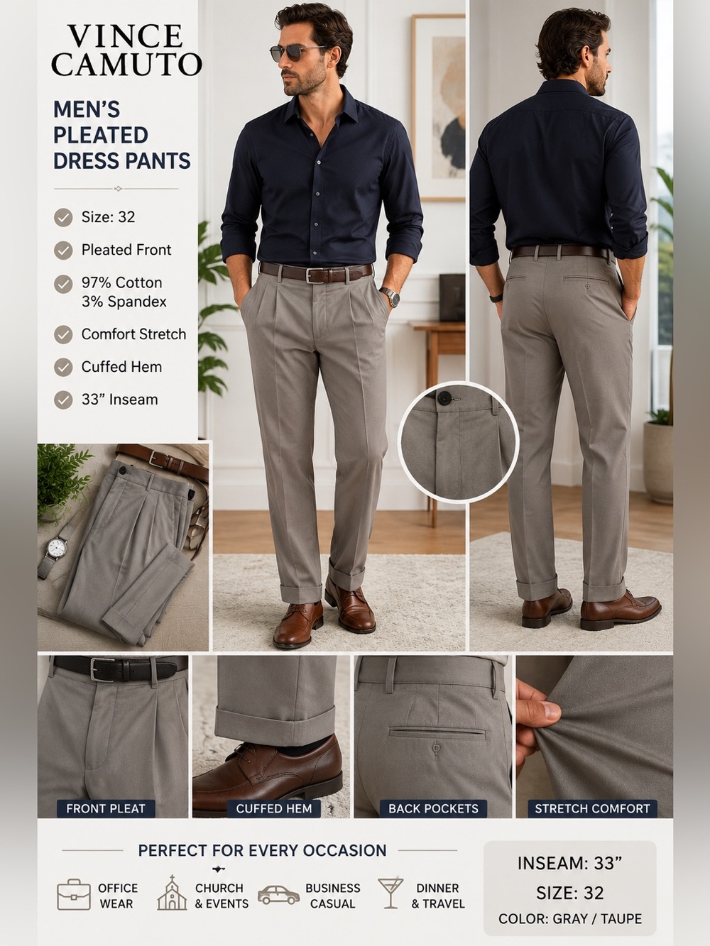 Vince Camuto Men's Gray Pleated Dress Pants Size 32 Stretch Cuffed 33" Inseam